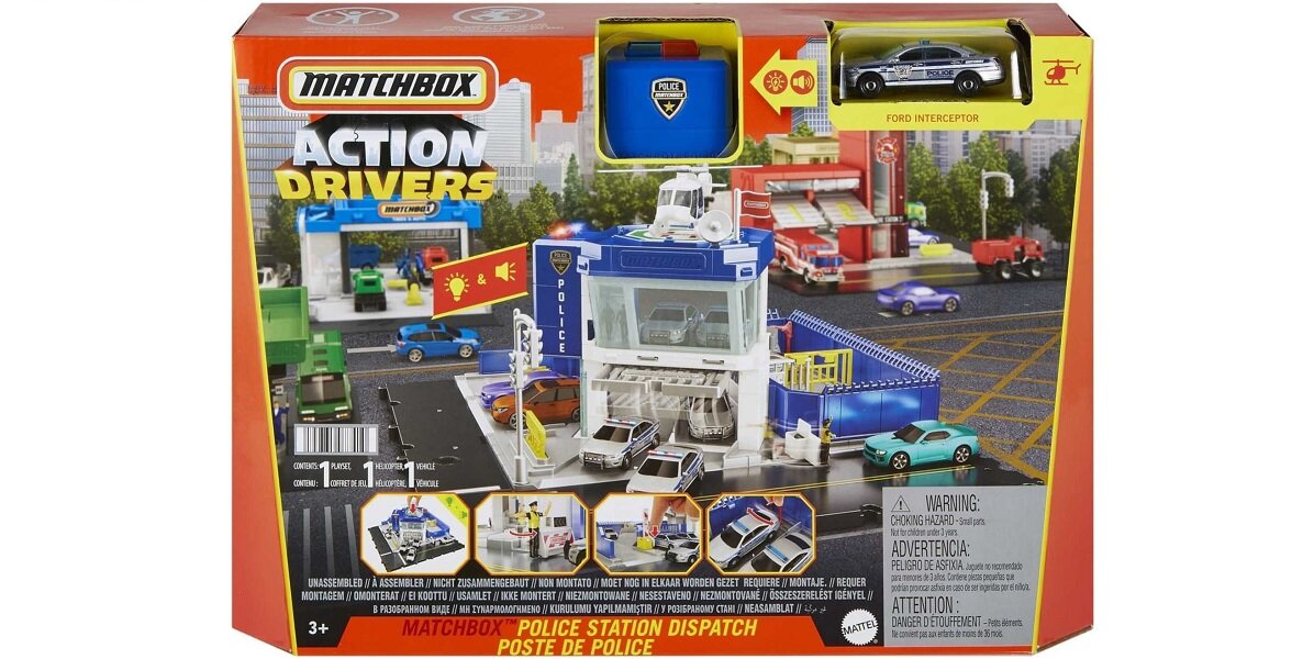 Posterunek Policji Matchbox Prawdziwe Przygody HHW22 pasja dzieci zabawa służby mundurowe Helikopter pojazd policjanci światełka detale dźwięki bramka wąż opakowanie