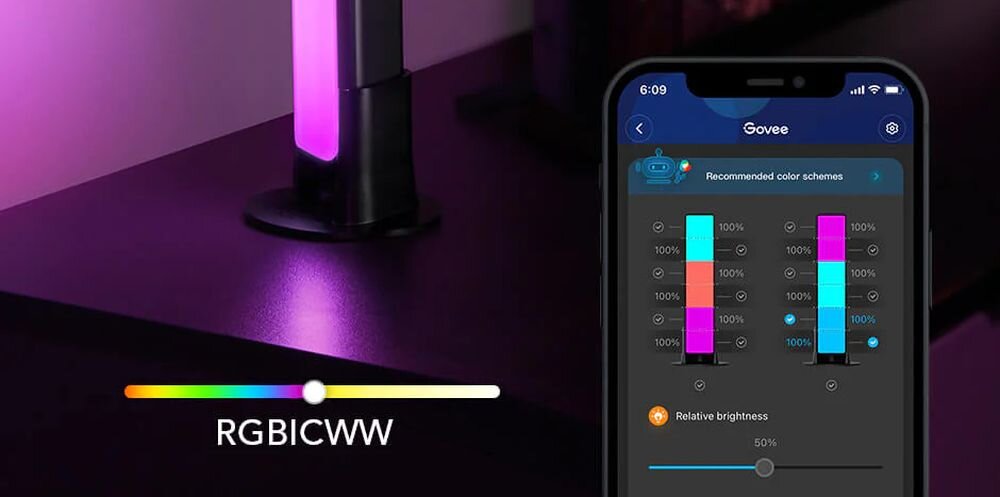 Lampa GOVEE H6056 Flow Plus RGBICWW Wi-Fi, Wi-Fi, aplikacja, głos, sterowanie, Lampy podłogowe Govee Glide Hexa z efektem RGBICWW, obok smartfona z aplikacją Govee pokazującą suwaki jasności, kolorów i trybu muzycznego.