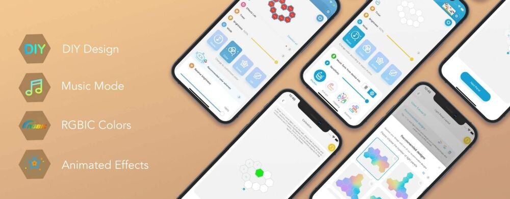 Lampa GOVEE H6061 Glide Hexa Wi-Fi, poświata, kolor, design, wnętrze, Cztery smartfony z aplikacją Govee pokazujące funkcje paneli heksagonalnych: DIY design, tryb muzyczny, kolory RGBIC i efekty animowane, z ikonami trybów.