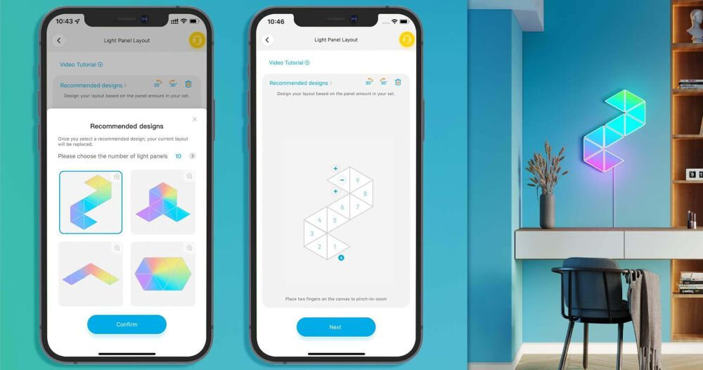Panel świetlny GOVEE H6067 Glide Tri-angle Wi-Fi panele na ścianie prezentacja włączonej aplikacji na telefonach Funkcja harmonogramu i timera do automatycznego sterowania oświetleniem Govee