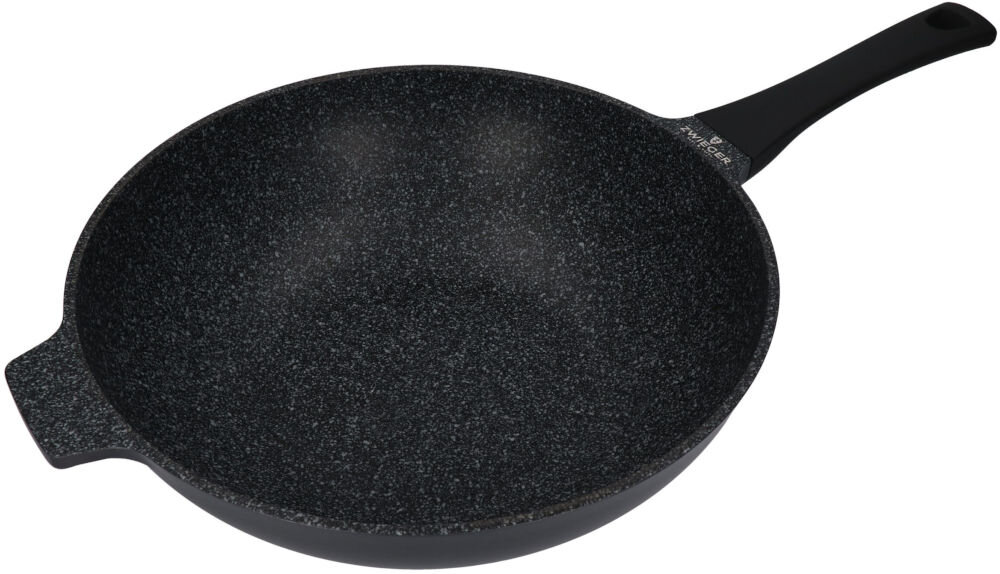 Patelnia wok ZWIEGER Black Stone 32 cm średnica 32 cm trwałe materiały precyzyjne wykonanie odlewane aluminium typu die-cast równomierne rozprowadzenie ciepła szybkie efektywne gotowanie odlewane aluminium trwałość naczynia funkcjonalność wysoka jakość wykonania