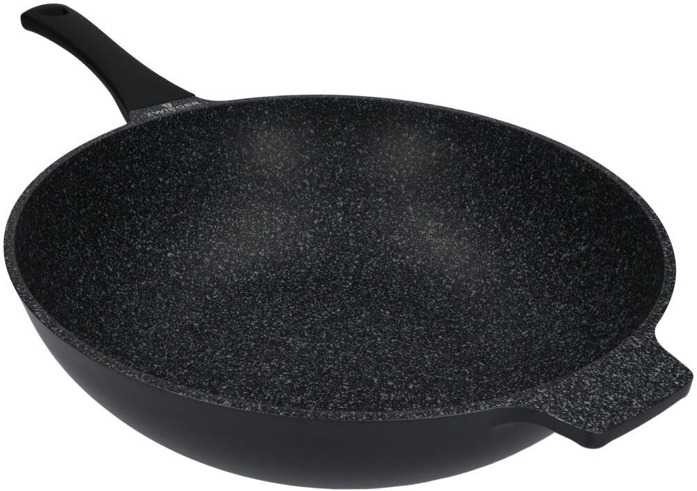 Patelnia wok ZWIEGER Black Stone 32 cm powłoka Greblon smażenie z minimalną ilością tłuszczu lub bez niego dbanie o zdrowie ograniczenie spożycia tłuszczu zachowanie wartości odżywczych łatwiejsze smażenie bez przywierania do powierzchni zdrowe efektywne gotowanie