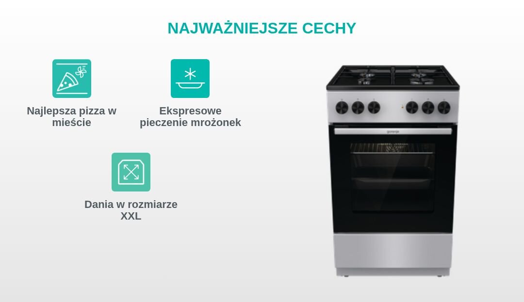 KUCHNIA GORENJE MEK3011SB Grafika produktowa z kuchnią wolnostojącą Gorenje po prawej stronie oraz trzema turkusowymi piktogramami po lewej, opisanymi jako „Najlepsza pizza w mieście”, „Stabilne i trwałe ruszty” i „Łatwe wysuwanie blach” pod nagłówkiem „NAJWAŻNIEJSZE CECHY”