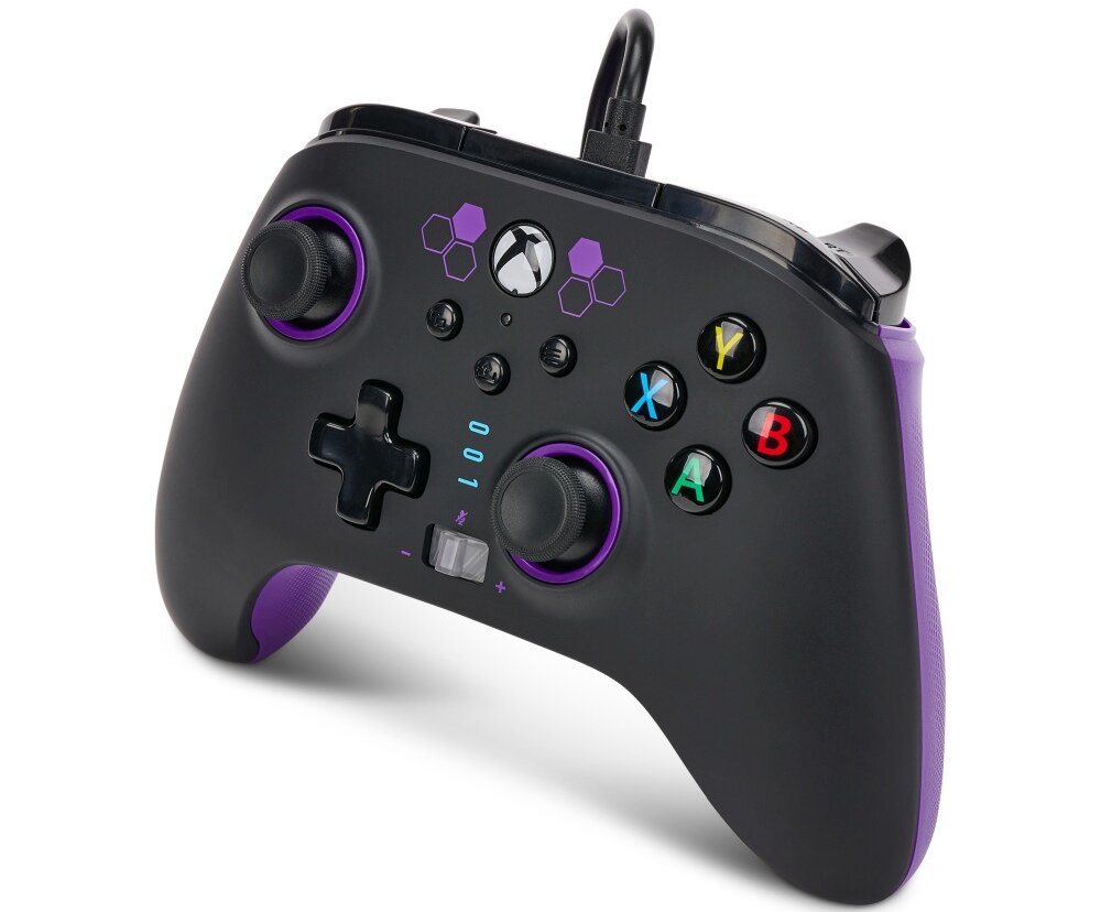 Kontroler POWERA Enhanced jakość wykonanie sterowanie drążki analogowe udostępnianie osiągnięcia zrzuty ekranów możliwości konfiguracja mapowanie drgania silniczki wibracyjne gniazdo pokrętło regulacji głośności kabel USB opakowanie zestaw