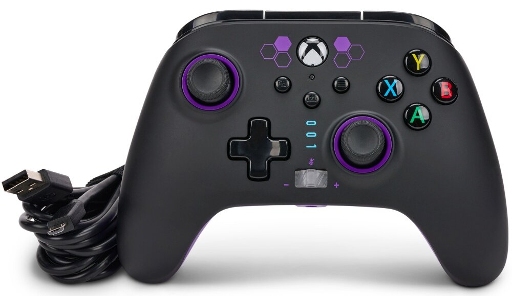 Kontroler POWERA Enhanced jakość wykonanie sterowanie drążki analogowe udostępnianie osiągnięcia zrzuty ekranów możliwości konfiguracja mapowanie drgania silniczki wibracyjne gniazdo pokrętło regulacji głośności kabel USB opakowanie zestaw