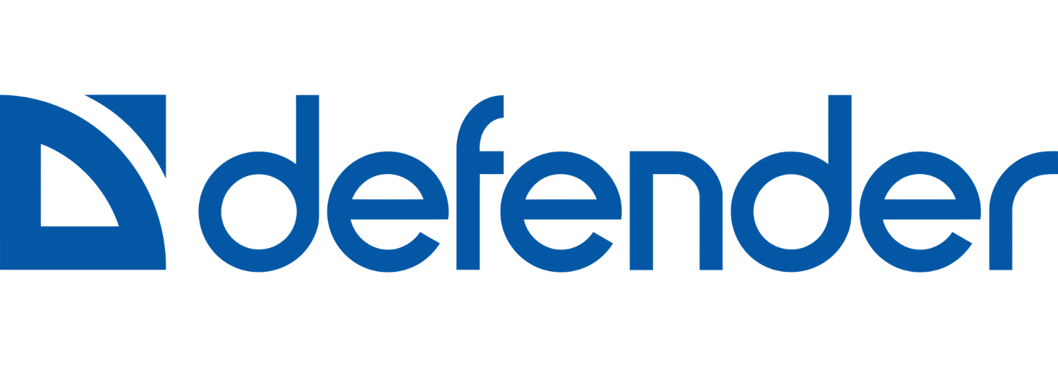 Logo z napisem \'defender\' w kolorze niebieskim, z geometrycznym symbolem po lewej stronie.
