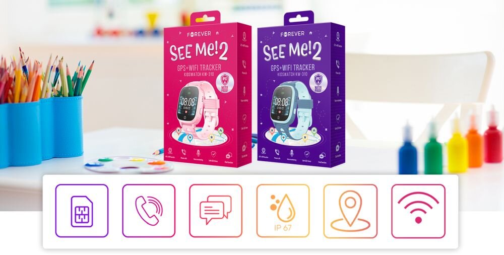 SMARTWATCH FOREVER GPS KIDS SEE ME 2 ekran bateria czujniki zdrowie sport pasek ładowanie pojemność rozdzielczość łączność sterowanie krew puls rozmowy smartfon aplikacja