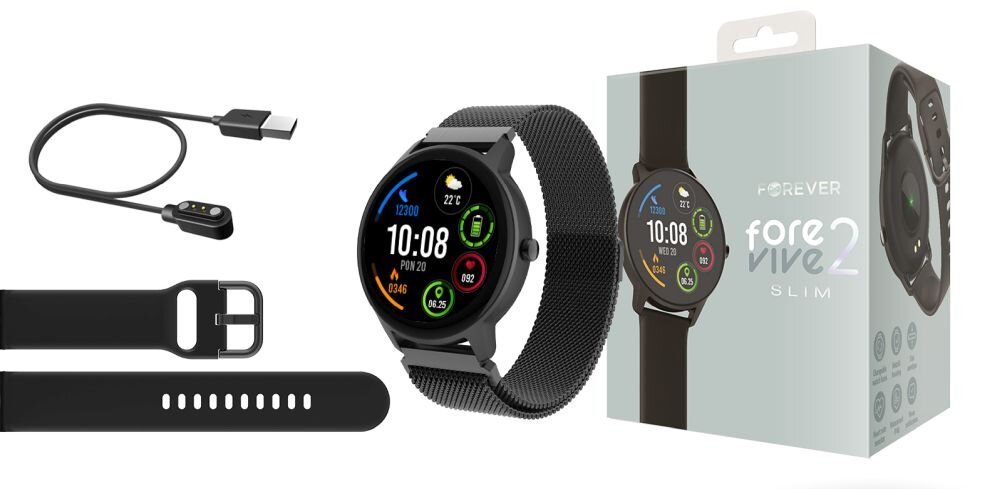 Smartwatch FOREVER Forevive 2 Slim ekran bateria czujniki zdrowie sport pasek ładowanie pojemność rozdzielczość łączność sterowanie krew puls rozmowy smartfon aplikacja
