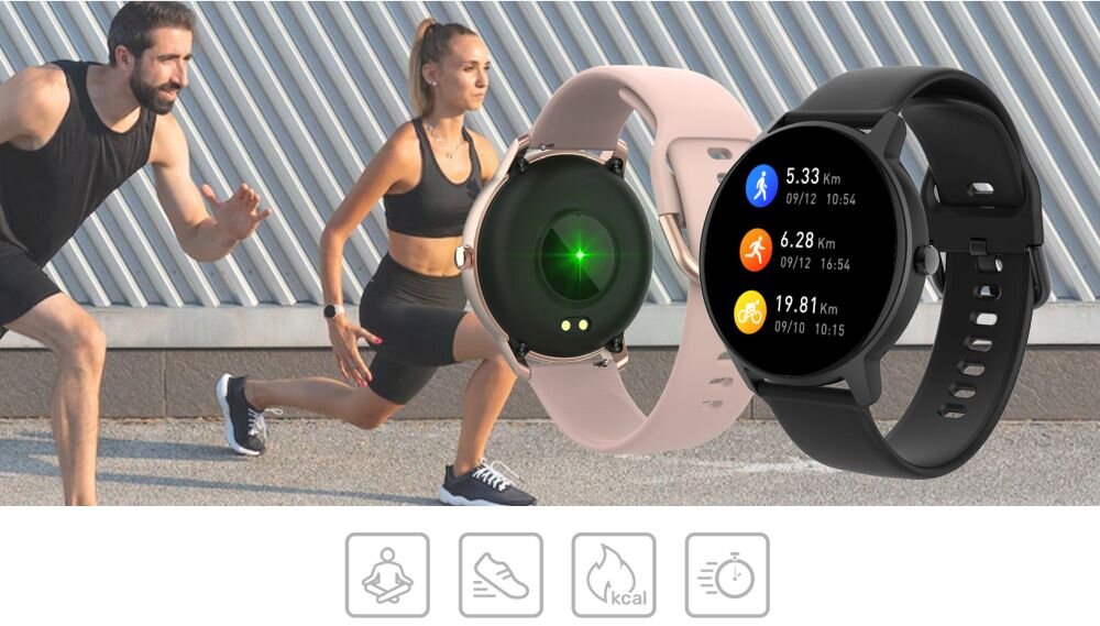 Smartwatch FOREVER Forevive 2 Slim ekran bateria czujniki zdrowie sport pasek ładowanie pojemność rozdzielczość łączność sterowanie krew puls rozmowy smartfon aplikacja