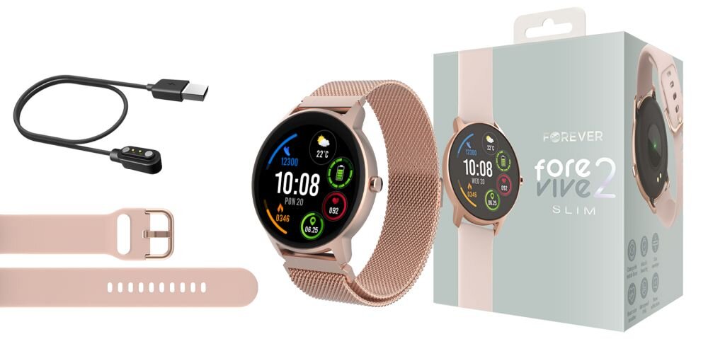Smartwatch FOREVER Forevive 2 Slim ekran bateria czujniki zdrowie sport pasek ładowanie pojemność rozdzielczość łączność sterowanie krew puls rozmowy smartfon aplikacja