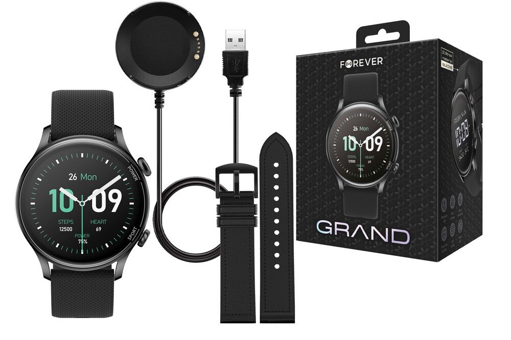 Smartwatch FOREVER Grand SW-700 ekran bateria czujniki zdrowie sport pasek ładowanie pojemność rozdzielczość łączność sterowanie krew puls rozmowy smartfon aplikacja