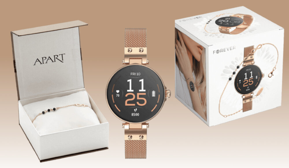 Smartwatch FOREVER Forevive Petite ekran bateria czujniki zdrowie sport pasek ładowanie pojemność rozdzielczość łączność sterowanie krew puls rozmowy smartfon aplikacja