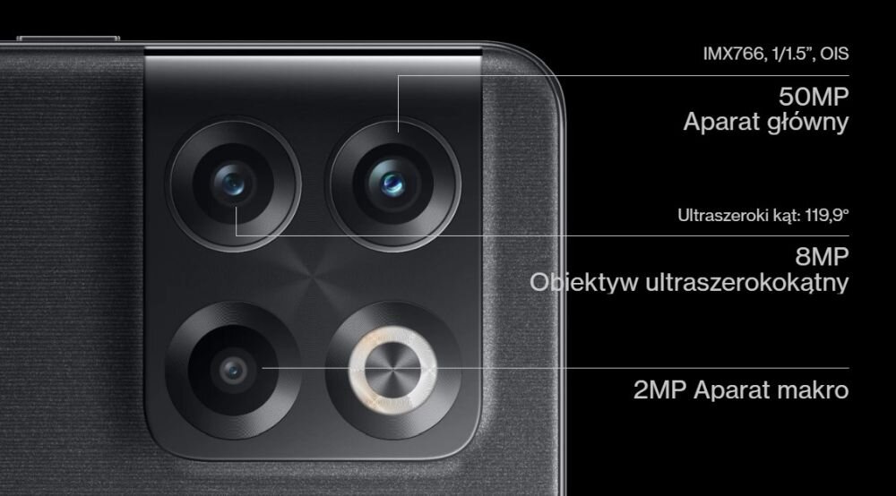 Smartfon ONEPLUS 10T ekran bateria aparat procesor ram pamięć pojemność rozdzielczość zdjęcia filmy opis dane cechy blokady system łączność wifi bluetooth obudowa szkło odporność porty muzyka transfer sieć przekątna matryca waga czujniki
