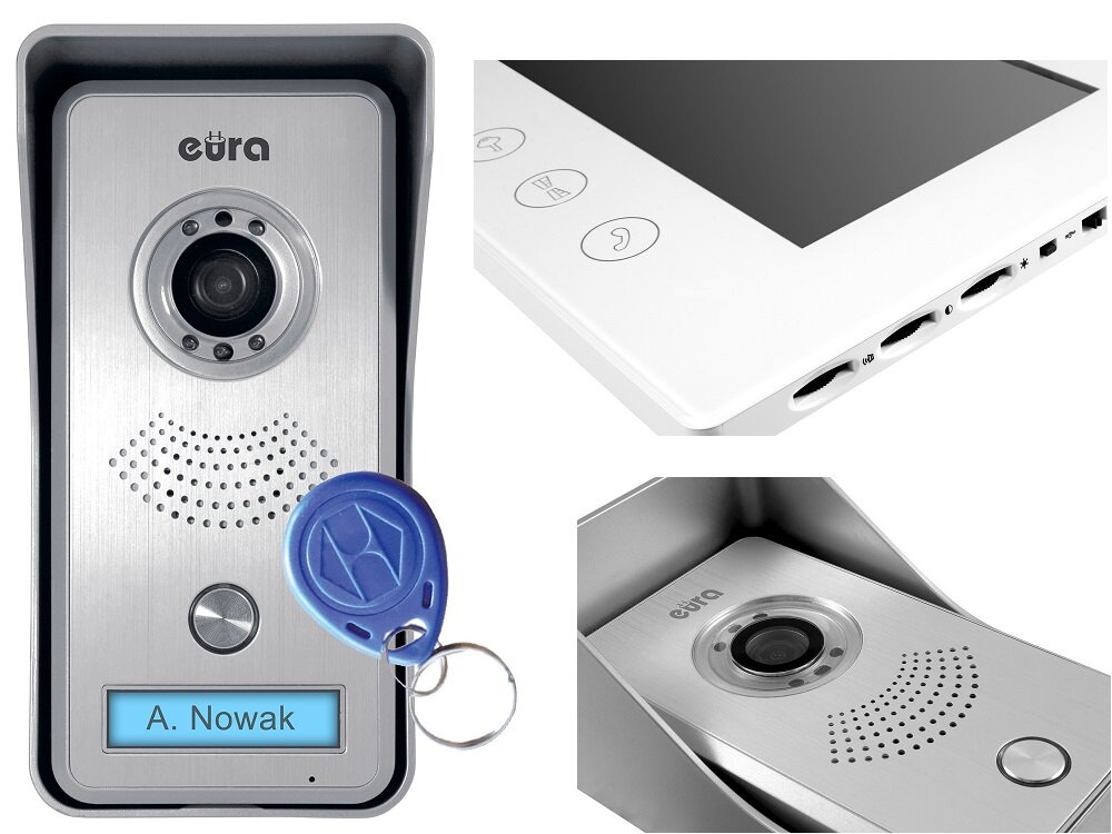 Zestaw wideodomofonowy EURA Gamma VDP-42A3W Wi-Fi komunikacja z osoba odwiedzajaca nasz dom podglad otoczenia przez kamere sterowanie ryglem obsluga drugiego wejscia czytnik zblizeniowy breloki karty