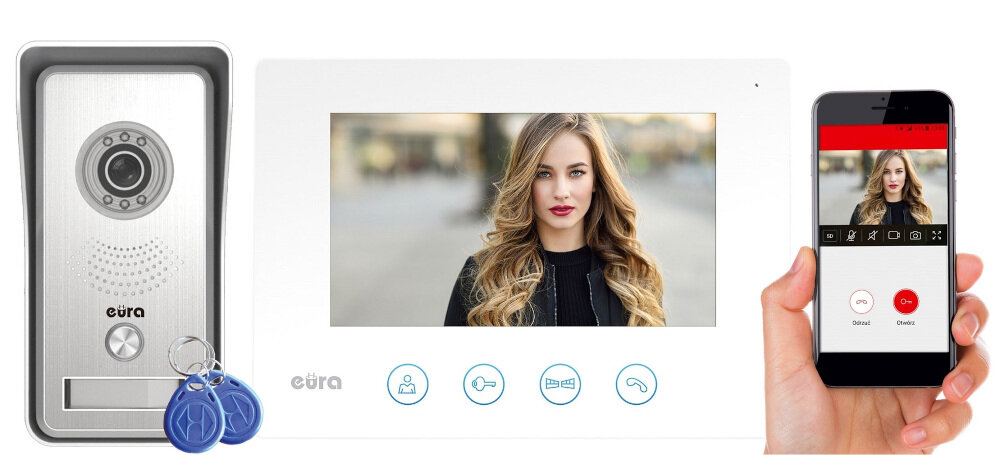 Zestaw wideodomofonowy EURA Gamma VDP-42A3W Wi-Fi glosnomowiacy monitor EURA VDA-40A3 wbudowany modul Wi-Fi aplikacja mobilna EURA Connect odbieranie polaczen sterowanie ryglem elektromagnetycznym i automatem bramowym a Andrioid i iOS