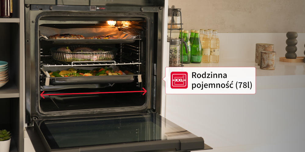 SHARP KA-74L64BNH-PL piekarnik pojemność przechowywanie posiłki rodzina ruszt taca wysokość poziom prowadnice teleskopowe