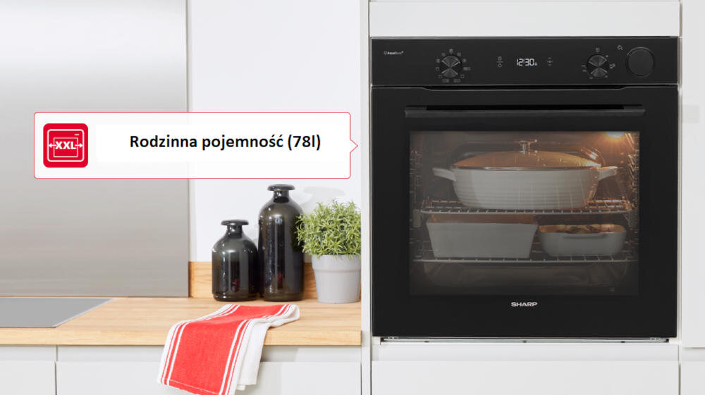 SHARP K-74P51BNL-PL piekarnik pojemność przygotowywanie posiłek rodzina poziom wysokość prowadnice teleskopowe