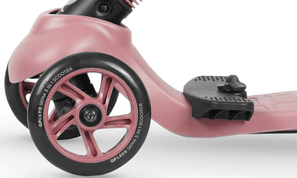 Hulajnoga dla dzieci QPLAY Sema 3w1 Różowy koła kauczukowe tłumią drgania dwa z przodu średnica 120 mm jedno z tyłu średnica 70 mm łożyska ABEC-5