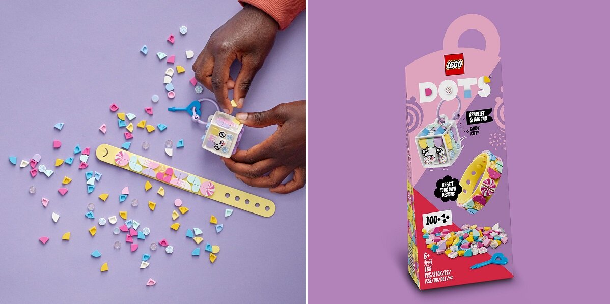 LEGO Dots Cukierkowa kicia: bransoletka i zawieszka na torbę 41944 Od lat dla Was