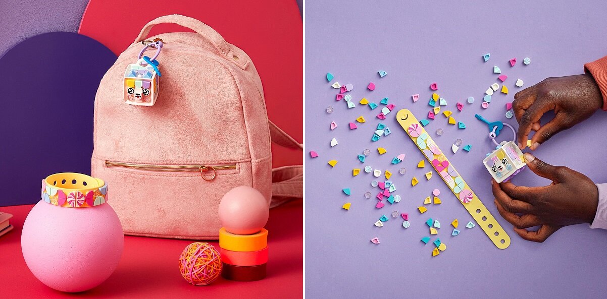 LEGO Dots Cukierkowa kicia: bransoletka i zawieszka na torbę 41944 Mnóstwo cukierkowych wzorków