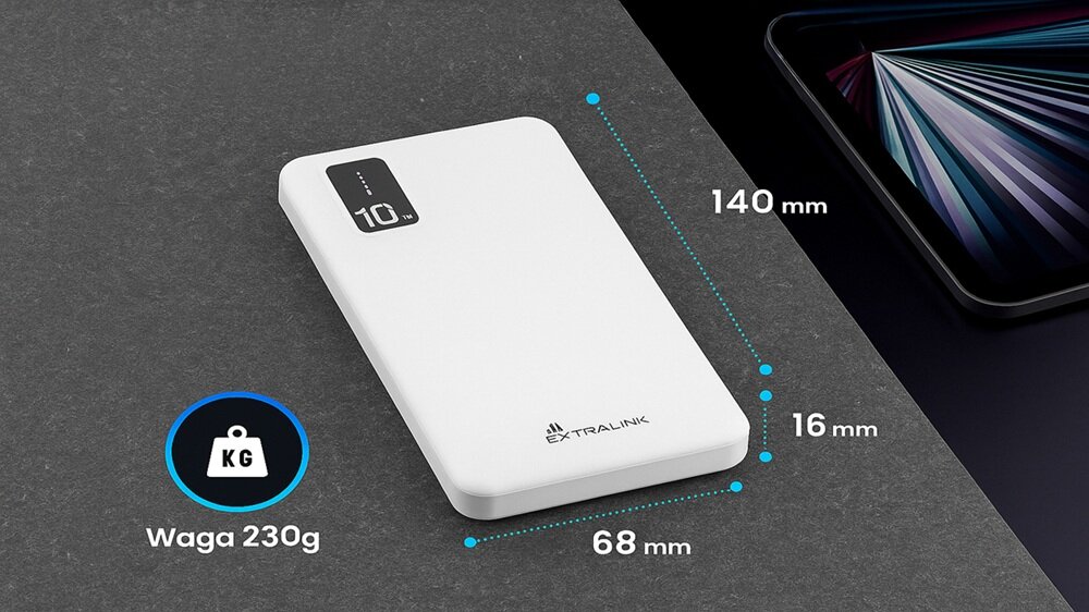 Powerbank EXTRALINK EPB-098W 10000 mAh Biały jednoczesne ładowanie dwóch urządzeń, sprawne ładowanie, do różnych urządzeń