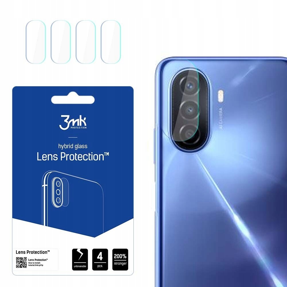 Obraz przedstawia opakowanie produktu \'3mk Protection hybrid glass Lens Protection\' oraz telefon z nałożonym szkłem ochronnym na aparacie. Na opakowaniu widnieje napis \'Lens Protection\', a w dolnej części znajdują się ikony z informacjami: \'unbreakable\', \'4 pcs.\', \'200% stronger\'.