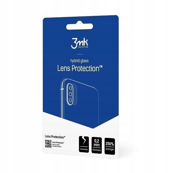 Opakowanie produktu 3mk Protection z napisem \'hybrid glass Lens Protection™\'. Widoczne są ikony z informacjami: \'unbreakable\', \'0,2 mm thickness\', \'250% stronger\'.