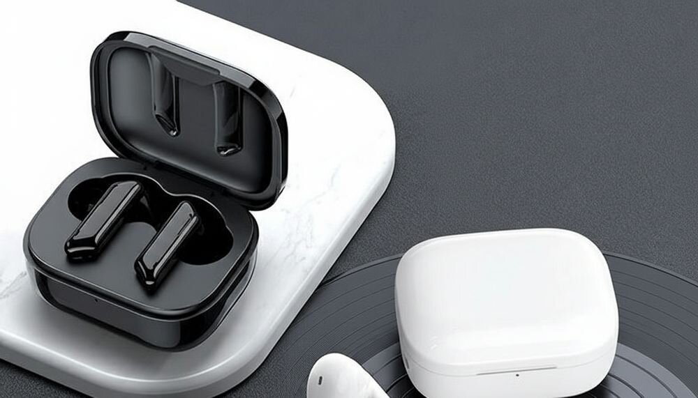 Słuchawki douszne AWEI T36 TWS membrana 36 mm złącze USB Type-C ładowanie, słuchawki wraz z etui ładującym leżące na podstawce