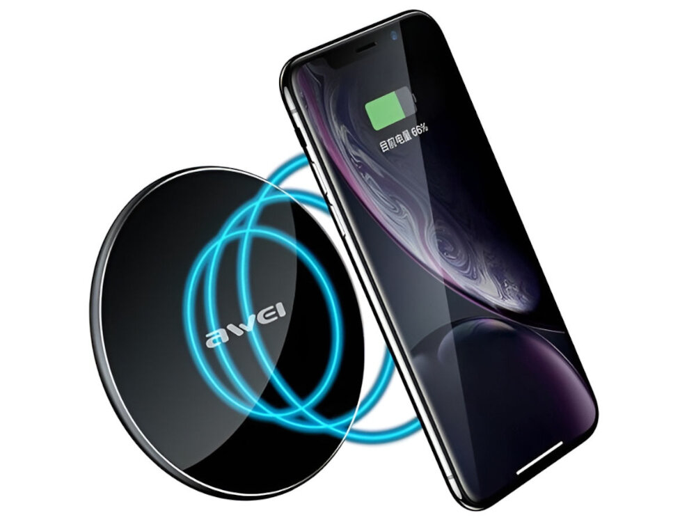 Ładowarka indukcyjna AWEI W8 10W technologia Fast Charge, szybko i sprawnie, układ zarządzania, wskaźnik ładowania, ring LED, 70%