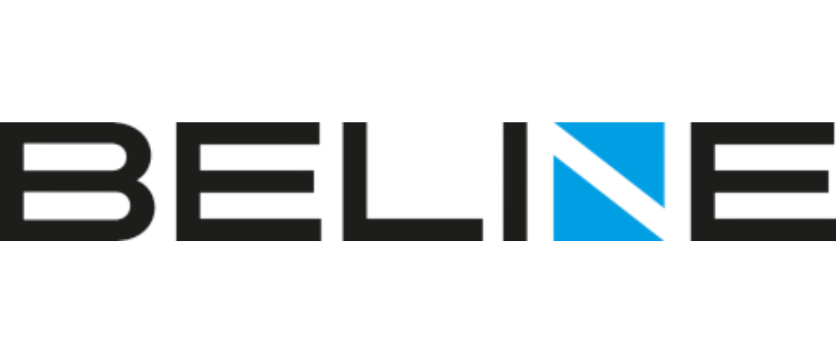 Logo z napisem \'BELINE\' z niebieskim trójkątem w literze \'N\'.