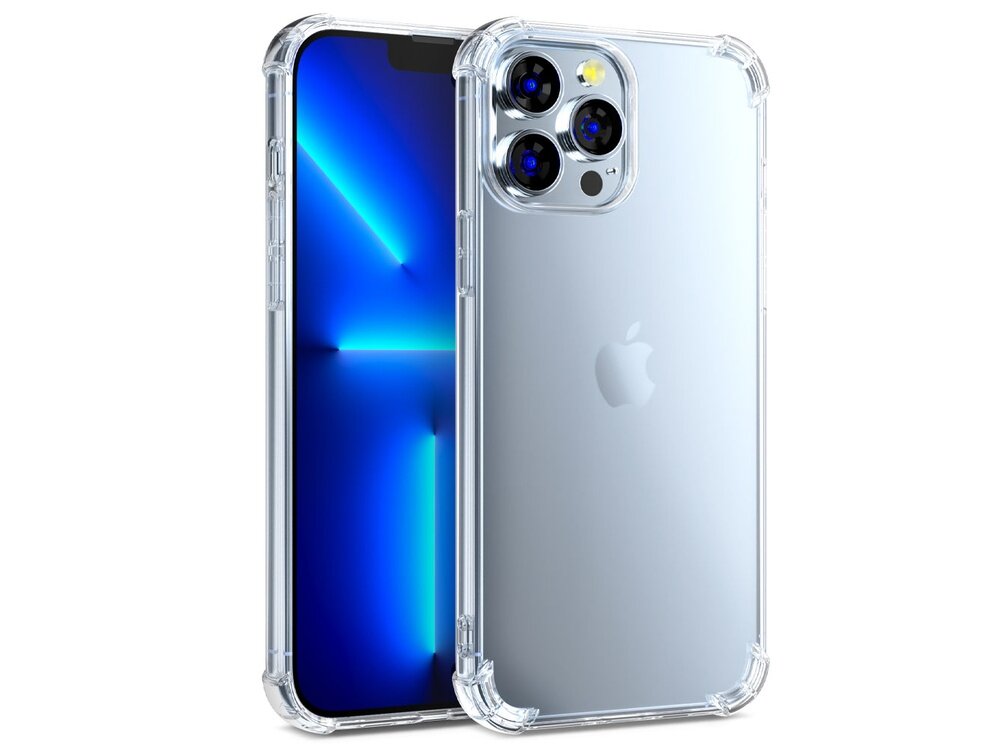 Przezroczyste etui na telefon z widocznym logo jabłka, przeznaczone dla modelu z trzema aparatami. Telefon wyświetla niebieski ekran z jasnymi liniami.