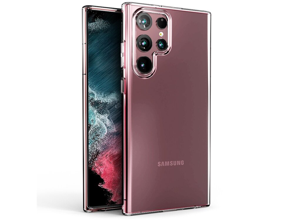 Na obrazie widoczny jest telefon w przezroczystym etui, z widocznym logo \'SAMSUNG\'. Telefon ma cztery kamery z tyłu i wyświetlacz z kolorowym tłem.