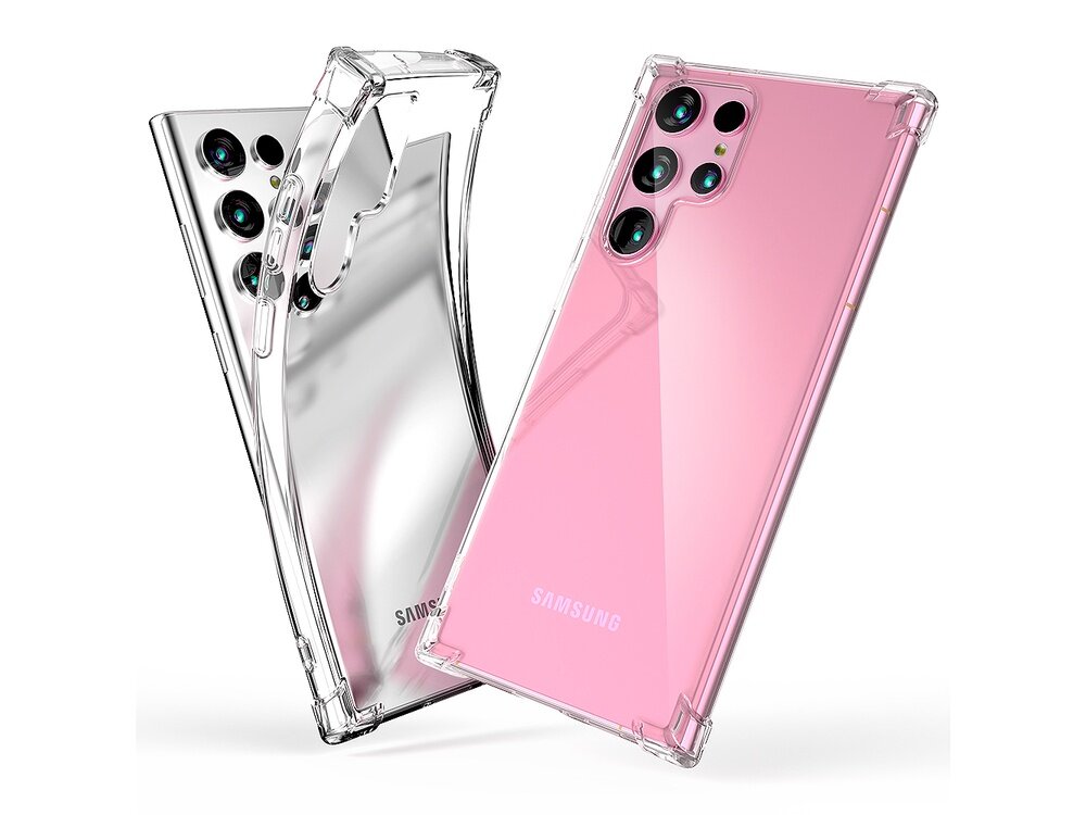 Dwa przezroczyste etui na telefon, jedno z różowym telefonem w środku, widoczne są aparaty i logo \'SAMSUNG\'.