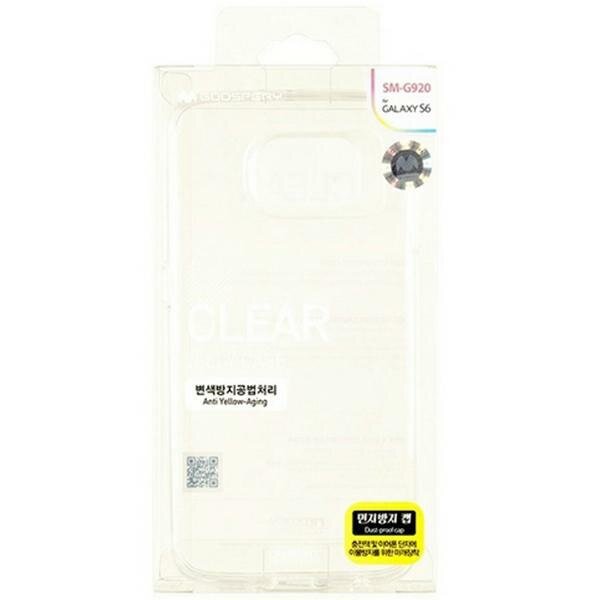 Przezroczyste opakowanie z etui na telefon z widocznym napisem \'CLEAR\' oraz tekstem \'Anti Yellow-Aging\'. Na opakowaniu znajduje się oznaczenie \'SM-G920 GALAXY S6\' oraz kod QR.