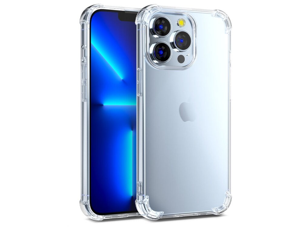Na obrazie widoczny jest przezroczysty futerał na smartfon, który jest założony na telefon z trzema obiektywami aparatu. Na tylnej części telefonu znajduje się logo w kształcie nadgryzionego jabłka.