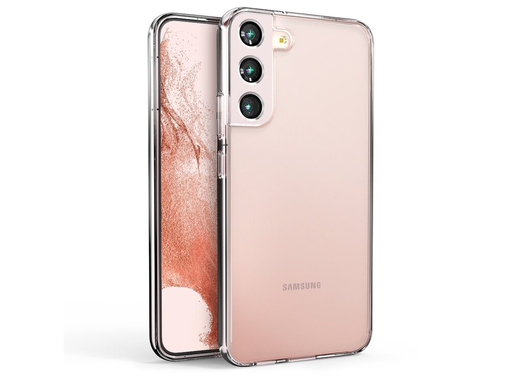 Przezroczyste etui na telefon Samsung Galaxy S22+ z widocznymi trzema obiektywami aparatu. Na etui znajduje się napis \'SAMSUNG\'.
