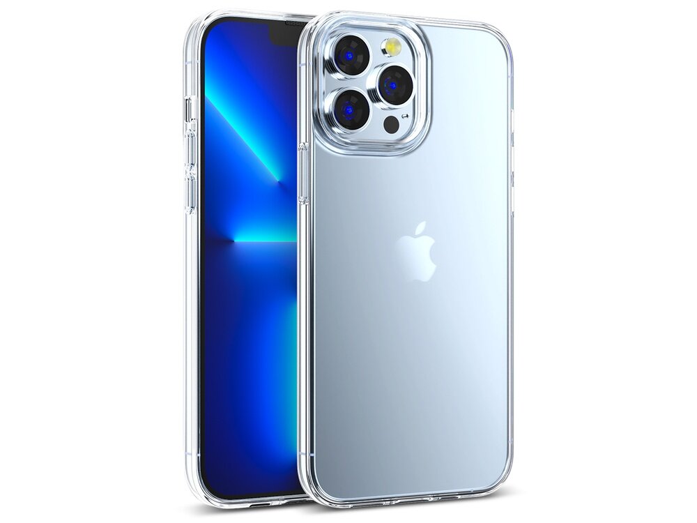 Przezroczyste etui na telefon, które pokazuje tylną część urządzenia z trzema obiektywami aparatu i logo w kształcie jabłka. Telefon ma wyświetlacz z niebieskim gradientem.