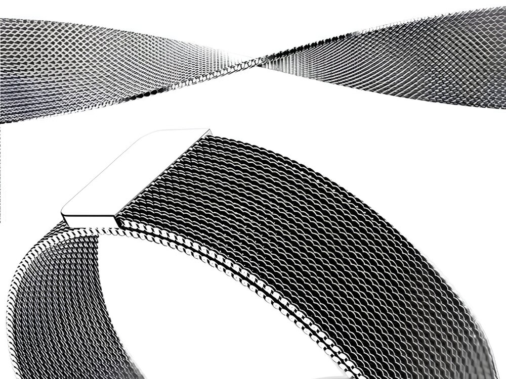 Srebrny pasek z siatki metalowej, przeznaczony do zegarka Apple Watch, widoczny w zbliżeniu. Pasek ma elegancki, pleciony wzór i prostokątną klamrę.