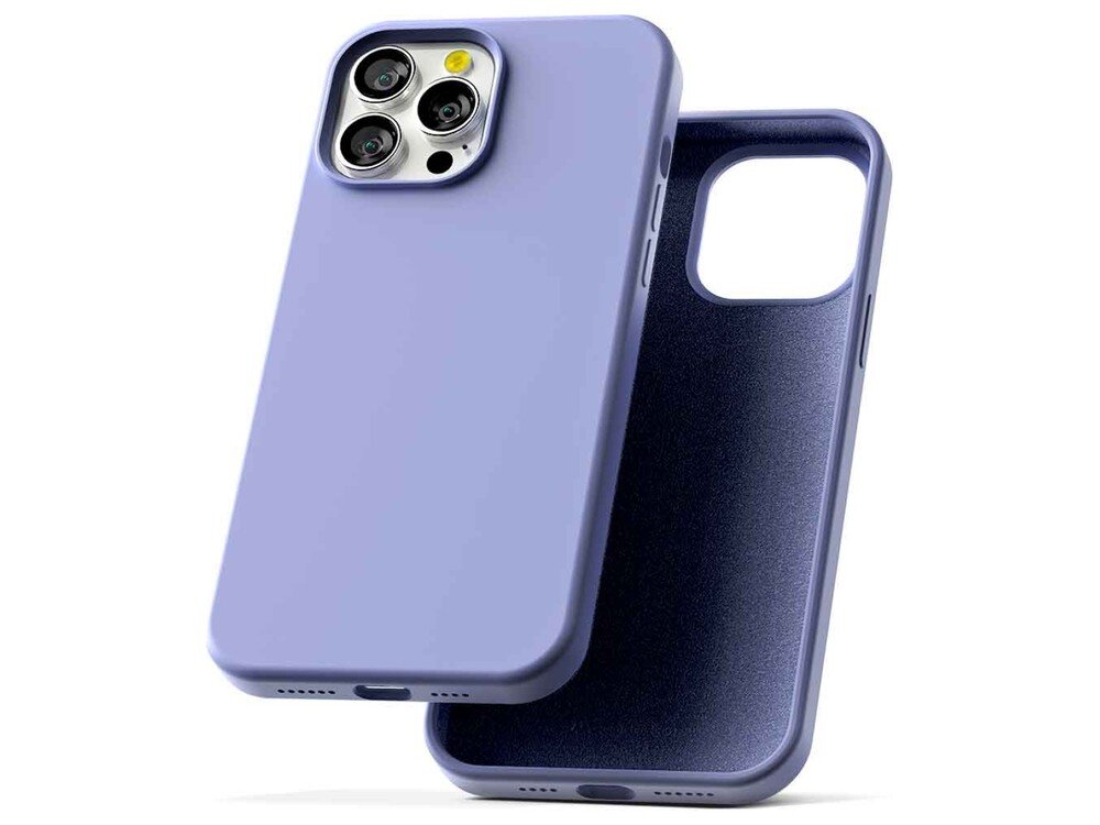 Na obrazie widoczne jest lawendowe etui na telefon z trzema otworami na aparaty fotograficzne. Etui ma gładką powierzchnię i jest przeznaczone do smartfona.