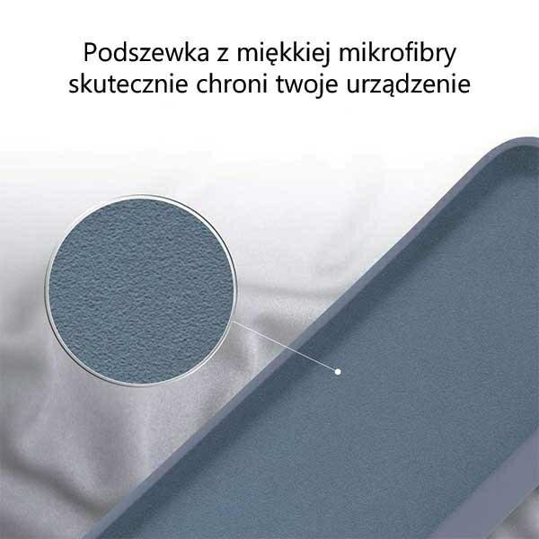 Obraz przedstawia zbliżenie na wnętrze etui z miękkiej mikrofibry w kolorze szarym. Na górze widoczny jest tekst: \'Podszywka z miękkiej mikrofibry skutecznie chroni twoje urządzenie\'.