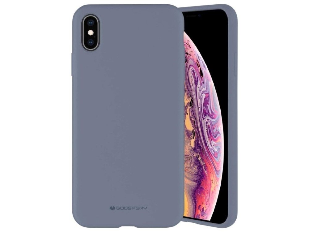 Na obrazie widoczne jest lawendowe etui na telefon z logo \'GOOSPERY\' na dole. Etui jest założone na telefon, którego ekran wyświetla kolorowy wzór.