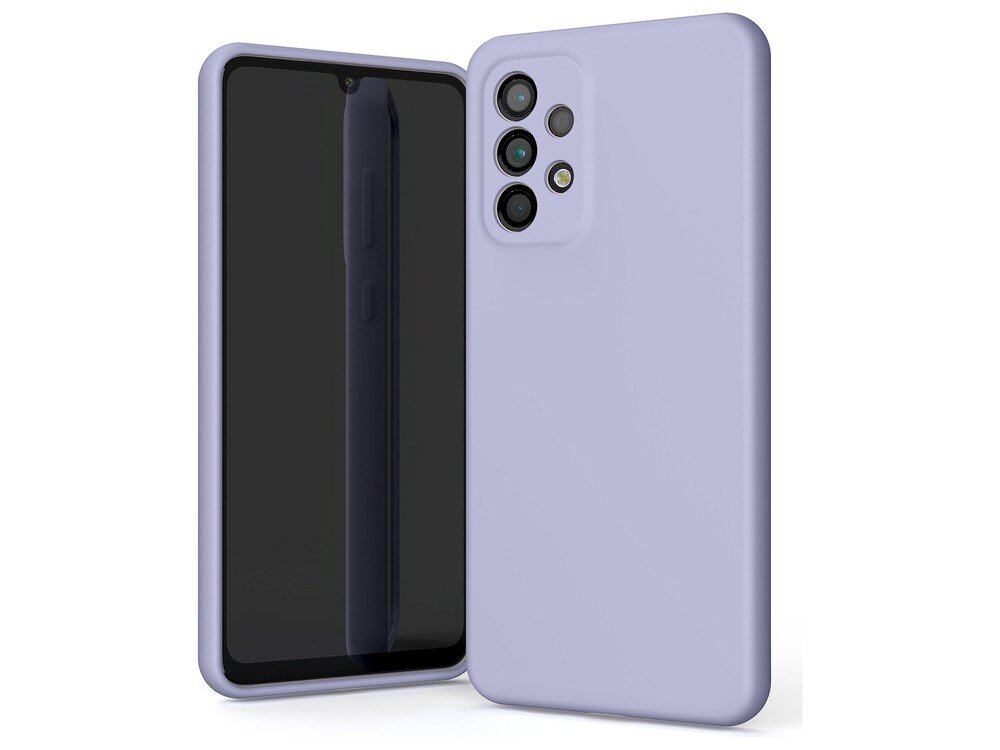 Na obrazie widoczne jest lawendowe etui silikonowe na telefon z trzema otworami na aparaty fotograficzne. Obok etui znajduje się telefon z ciemnym ekranem.