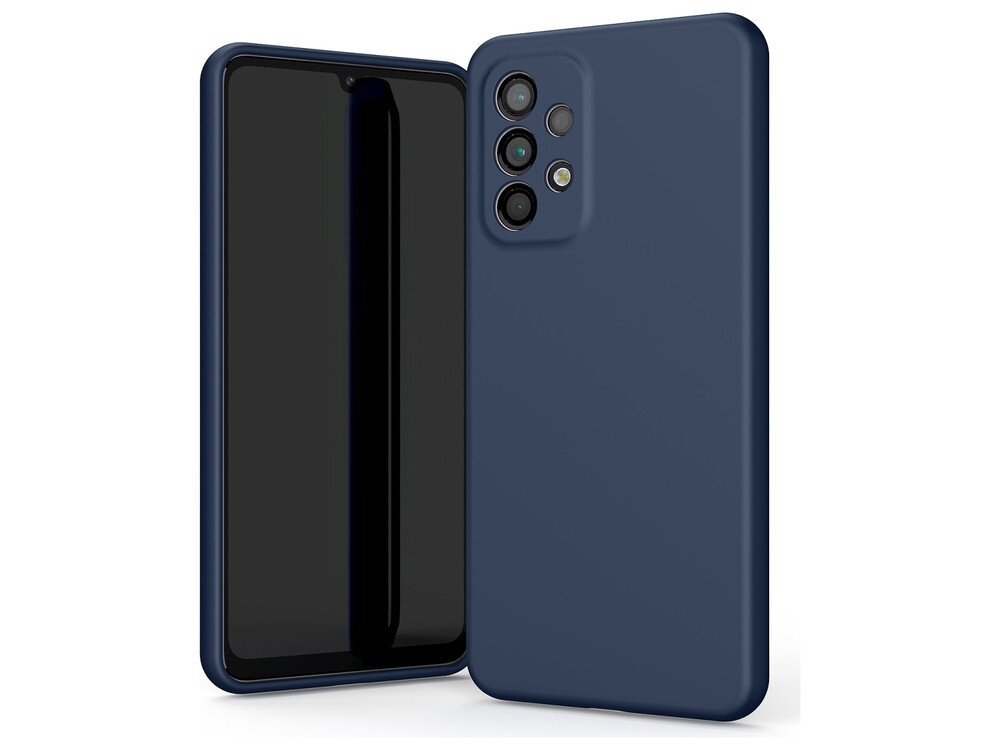 Granatowe etui silikonowe na telefon z widocznymi wycięciami na aparat i przyciski. Etui jest dopasowane do modelu telefonu z dużym ekranem.