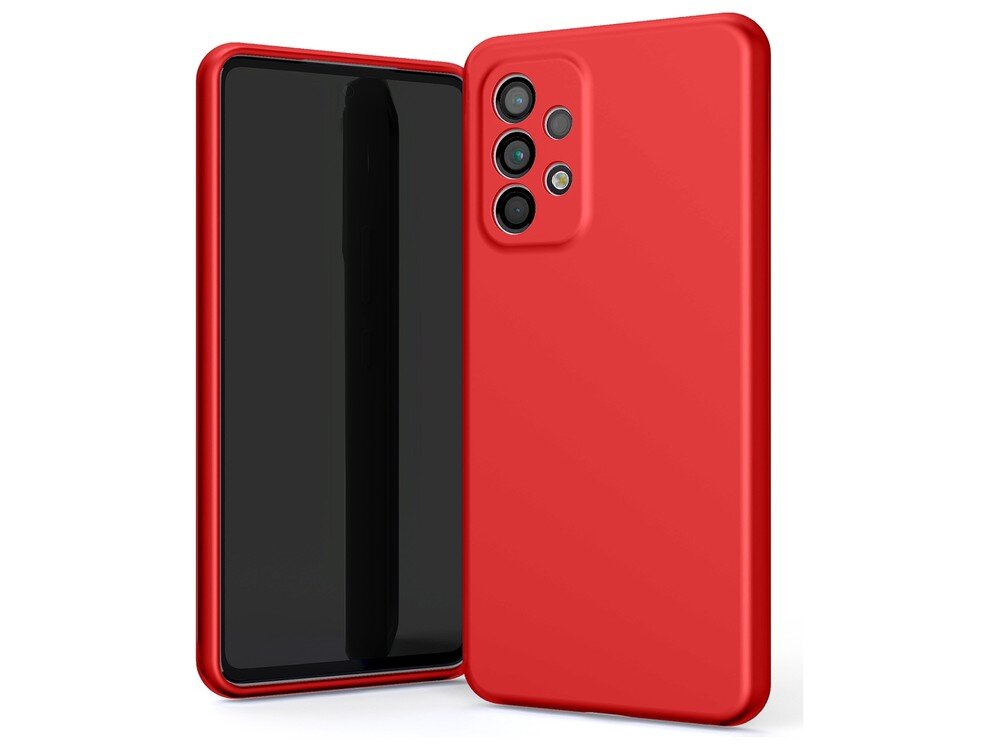 Czerwone etui silikonowe na telefon z trzema otworami na aparaty i jednym na lampę błyskową. Etui jest przeznaczone do modelu Samsung Galaxy A53.