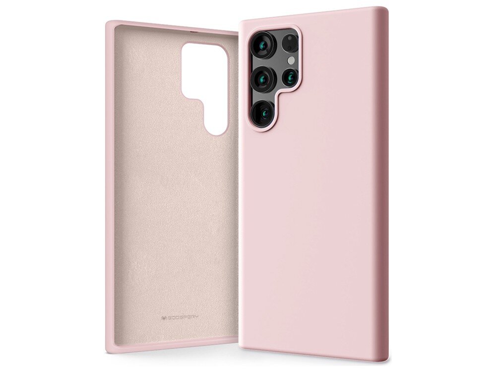 Różowo-piaskowe etui silikonowe z wycięciem na aparat, przeznaczone do telefonu Samsung Galaxy S22 Ultra. Wewnątrz widoczne jest logo \'MERCURY\'.
