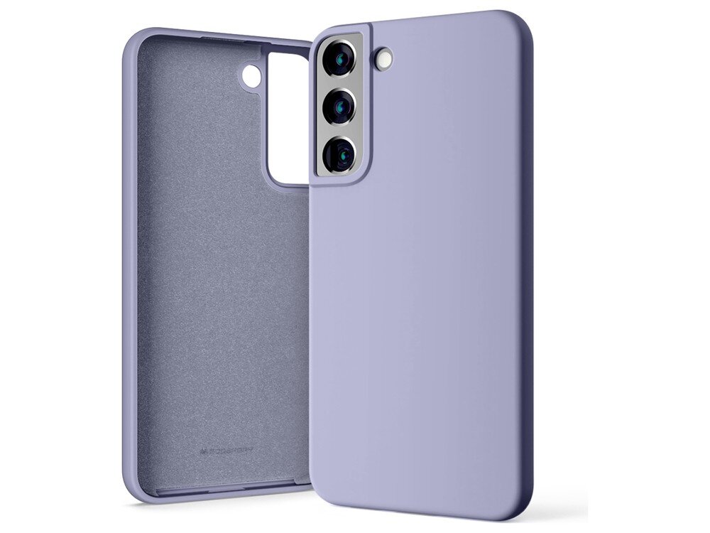 Etui w kolorze lawendowym przeznaczone do telefonu Samsung Galaxy S22+, z wycięciami na aparat i przyciski. Wnętrze etui ma delikatną teksturę, a na dole widoczny jest napis \'MERCURY\'.
