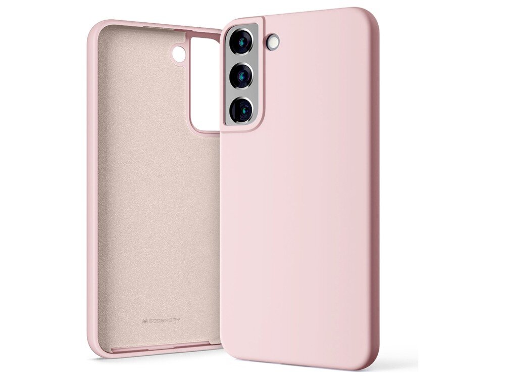Etui w kolorze różowo-piaskowym, przeznaczone do telefonu z trzema aparatami. Wnętrze etui ma teksturę, a na dole widoczne jest logo \'MERCURY\'.