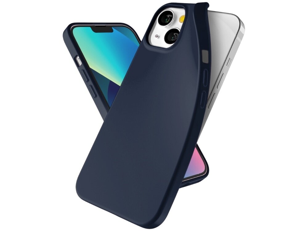Na obrazie widoczne jest niebieskie etui na telefon, które jest założone na smartfon. Etui ma wycięcia na aparat i przyciski boczne.