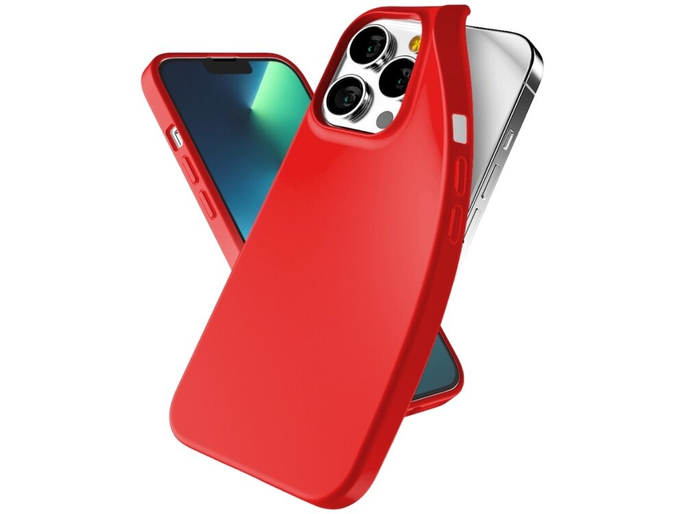 Czerwone etui na telefon z trzema wycięciami na aparaty, widoczne na tle telefonu z ekranem. Etui ma gładką powierzchnię i przyciski po bokach.