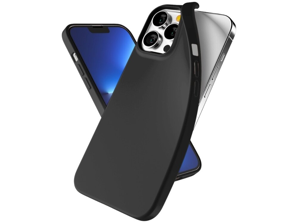 Czarne etui na telefon, dopasowane do modelu z trzema obiektywami aparatu. W tle widoczny jest telefon z niebieskim ekranem.